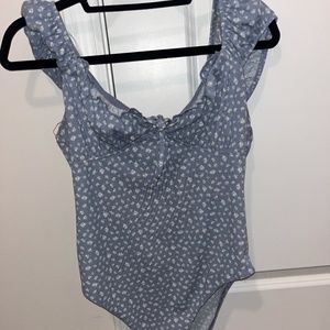 Wild Fable Blue Floral Ribbed Tie Front Bodysuit